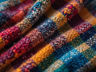Poster - a close-up of a colorful, knitted fabric in various shades, including red, blue, yellow, and green. The texture appears to be thick and chunky, suggesting it could be a sweater or a blanket.