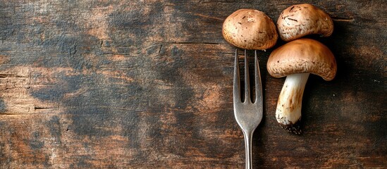 Wall Mural - Fresh brown mushrooms on a vintage fork on a rustic wooden table with room for text and warm earthy tones for culinary and food photography concepts