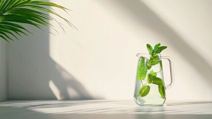 Aufkleber - Mint infused water in glass pitcher with palm leaf and strong shadows on white surface