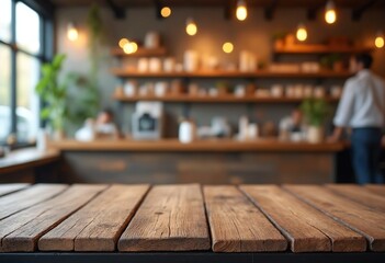 Poster - Empty old wood table top and blurred bokeh cafe and coffee shop interior background with vintage filter