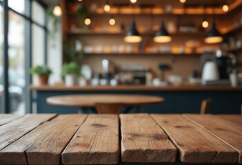 Poster - Empty old wood table top and blurred bokeh cafe and coffee shop interior background with vintage filter
