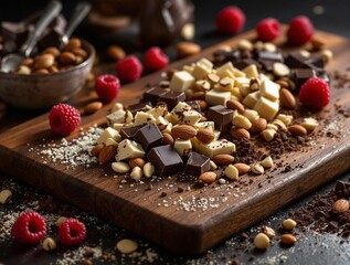 Poster - a wooden cutting board with a variety of food items on it, including chocolate bars, nuts, and raspberries. There are also bowls and additional raspberries scattered around the board.