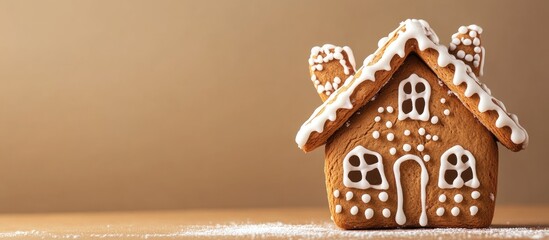 Sticker - Gingerbread house decorated with white icing on wooden table with warm brown background showcasing empty space for holiday text or messages