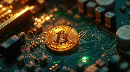 Poster - Golden Bitcoin Coin on a Circuit Board with Electronic Components