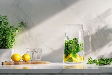 Aufkleber - Refreshing Lemon Basil Water Pitcher on Marble Kitchen Countertop Sunlit Scene
