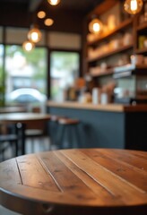 Poster - Empty old wood table top and blurred bokeh cafe and coffee shop interior background with vintage filter