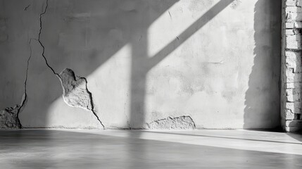 Poster - Artistic Black and White Photograph of a Weathered Wall Featuring a Single Window Evoking Nostalgia and Timelessness
