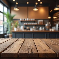 Poster - Empty old wood table top and blurred bokeh cafe and coffee shop interior background with vintage filter