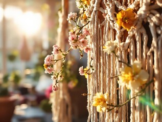 Poster - A close-up of a macrame wall hanging adorned with spring flowers, glowing sunlight highlighting the textures, blurred boho-style interior in the background, trendy and artistic