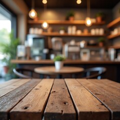 Poster - Empty old wood table top and blurred bokeh cafe and coffee shop interior background with vintage filter