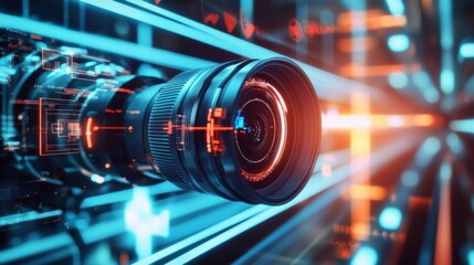 Poster - Digital camera lens recording futuristic data stream with holographic head up display and neon lights, representing advanced technology, virtual reality, and augmented reality concepts