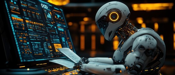 Poster - Futuristic Robot Analyzing Data on a Digital Screen in a High-Tech Environment