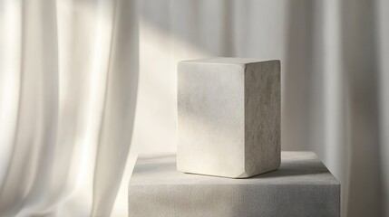Fototapete - Minimalist gray stone pedestal for product showcasing with soft neutral curtain backdrop and natural light ambiance.