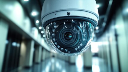 Poster - Surveillance Camera Capturing a Corridor Scene in a Modern Building with Reflections