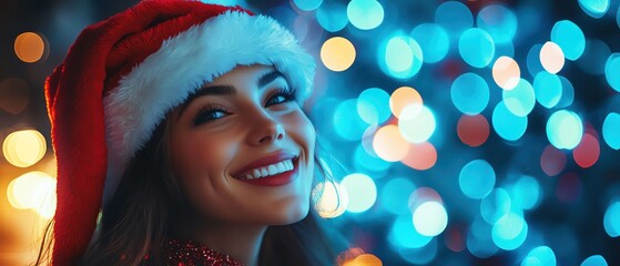 Festive portrait of a smiling woman in Santa hat, vibrant blue bokeh background, holiday mood