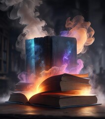 Wall Mural - Book suspended by invisible force amidst swirling smoke, ethereal glow, eerie silence, mist