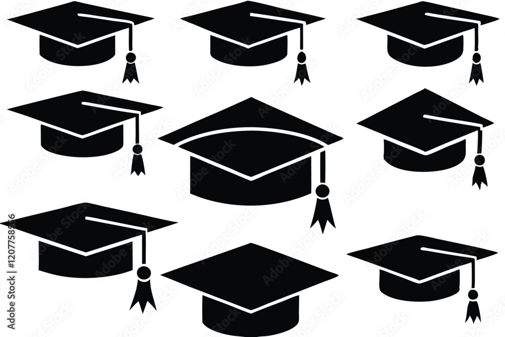 set of Grad cap silhouette icon. Clipart image isolated on white ...