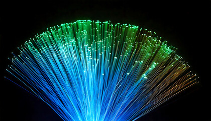 Poster - Vibrant blue and green fiber optic strands radiate outwards against a stark black background.  A captivating image perfect for technology, connectivity, or abstract design projects.  High-resolution