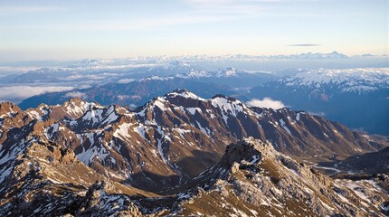 Fototapete - a panoramic view of a mountainous landscape, showcasing rugged terrain with snow-capped peaks and rocky slopes. The scenery extends towards the horizon, where the mountains meet the sky, creating a br