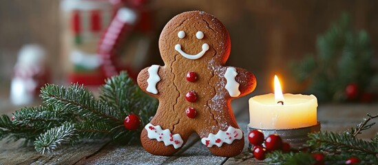 Sticker - Gingerbread Man Holiday Decoration Surrounded by Fir Tree Branches Warm Candle and Christmas Card in Rustic Wooden Setting with Copy Space