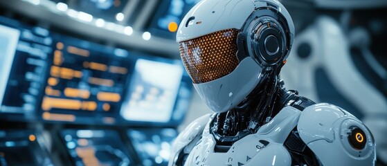 Poster - Futuristic Humanoid Robot in a High-Tech Control Room with Glowing Screens