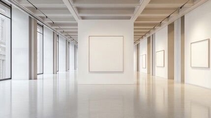 Poster - Spacious gallery with a clean white exhibition podium, surrounded by minimalist architecture and flooded with natural daylight