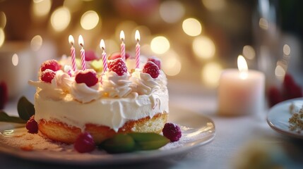 Wall Mural - Beautiful birthday cake adorned with candles and fresh raspberries set against a softly blurred festive background.