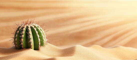 Wall Mural - Lone green cactus on golden sand dunes with soft light and smooth textures, featuring ample empty space for text, ideal for nature themes.