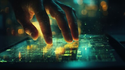 Poster - hand interacting with futuristic holographic interface displayed on tablet, exploring digital inform
