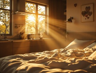 Poster - a cozy bedroom with sunlight streaming through a window, casting warm rays of light across the bed and room, creating a serene and inviting atmosphere.