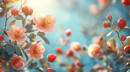 Wall Mural - blooming rose bush border with vibrant flowers against a clear blue sky background