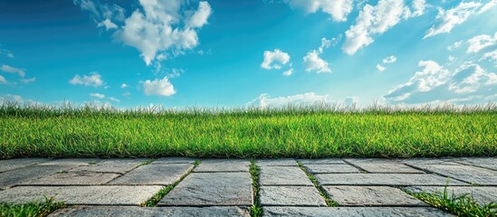 Sticker - Vibrant green grass under a clear blue sky with fluffy white clouds above textured stone pavement and expansive empty space for text.