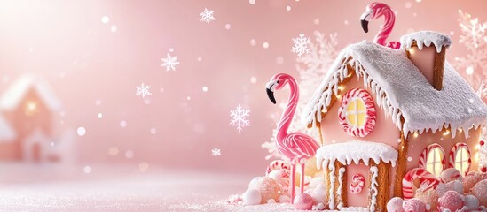 Sticker - Festive gingerbread house with pink flamingo lights and delicate snowflakes in a soft pastel background creating inviting copy space for festive messages