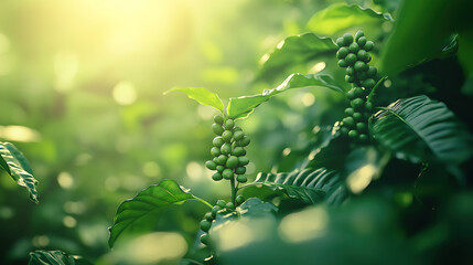 Wall Mural - Coffee bean seedlings growing in lush green nature, symbolizing sustainability and growth