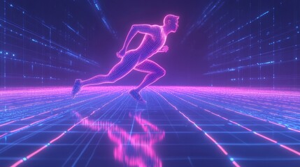 Poster - Futuristic Neon Runner in Virtual Space with Digital Background