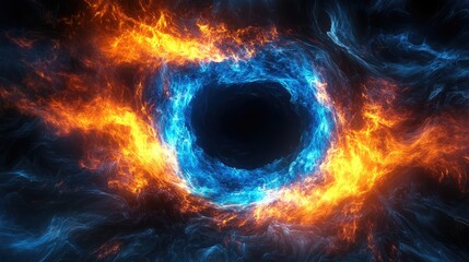 Wall Mural - vivid blue and orange flames swirling around a deep black void in a cosmic abstract background, crea