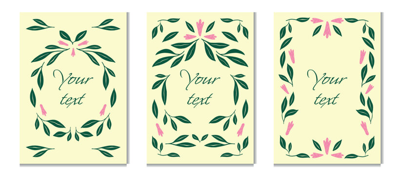 A set of vertical templates featuring hand-drawn floral patterns, calligraphic text placeholders, and botanical elegance. Ideal for invitations, greeting cards, or romantic designs.