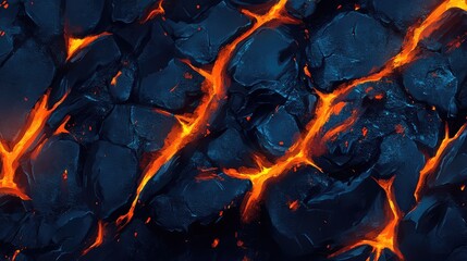 Wall Mural - dark blue and fiery orange lava texture with sharp angular rocks and glowing lava cracks in a mystic