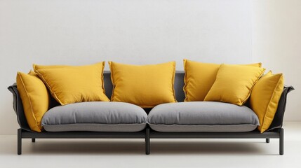 Fototapete - Modern gray sofa adorned with vibrant yellow cushions showcasing minimalist interior design against a clean white backdrop.