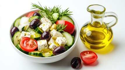 Sticker - Vibrant Greek salad with olives, feta, tomatoes, cucumber, and olive oil elegantly displayed against a clean white background