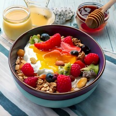 Wall Mural - vibrant breakfast bowl with Greek yogurt, mixed berries, and a drizzle of honey, rich in protei