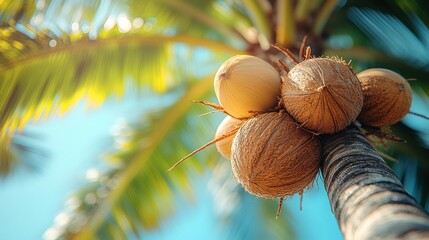 Sticker - Ripe coconuts on a palm tree under a sunny sky.