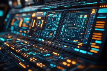 Poster - Futuristic Control Panel Displaying Vibrant Data and Interface Elements in a Sci-Fi Setting