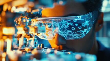 Poster - Close up of an engineer wearing futuristic augmented reality glasses examining and working with an electronic circuit board, enhanced with holographic data and futuristic technology