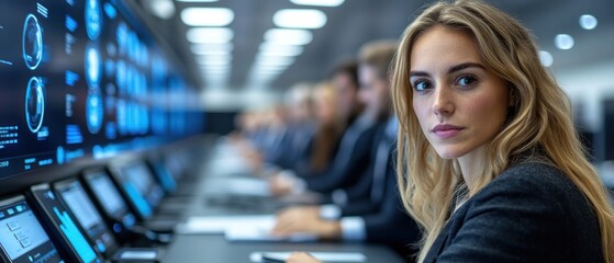 Poster - Professional Woman Focused on Data Analysis in a Modern Tech Office Environment