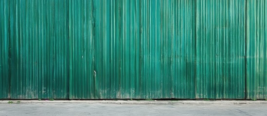 Sticker - Textured Green Corrugated Metal Wall with Vertical Stripes and Subtle Gray Concrete Base for Background and Copy Space