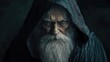 © Rizvan - Enchanting portrait of an elderly wizard with a long white beard wearing a dark hooded cloak against a muted gray background.