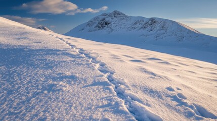 Hare tracks in fresh snow leading across a serene snowcapped mountain landscape during a clear winter day