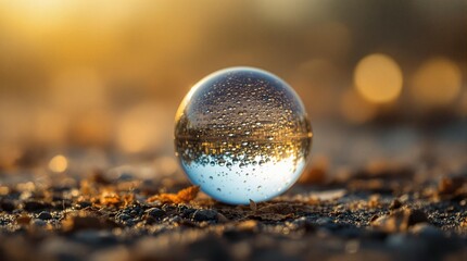 Fototapete - a glass sphere with water droplets on it, placed on the ground with a blurred background.