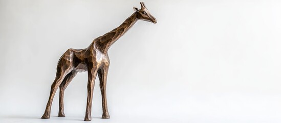 Fototapete - Bronze Giraffe Sculpture with Elegant Twisted Body and Neck Against White Minimalist Background, Ideal for Art Display and Copy Space.